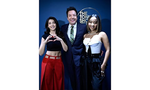 Nora Fatehi and Jamaican singer Shenseea with Jimmy Fallon (Photo: IANS)