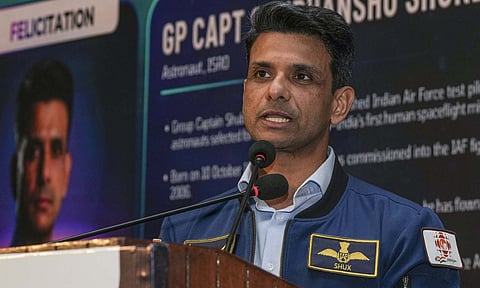 Indian Astronaut and IAF Group Captain Shubhanshu Shukla addresses the gathering during the India International Space Conclave, in New Delhi (PTI) 