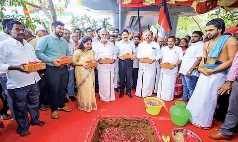 Minister PK Sekarbabu, MP Dayanidhi Maran, and Mayor R Priya during the groundbreaking ceremony on Thursday