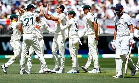 Australian team celebrates the wicket of England's Gus Atkinson (Photo: AP)