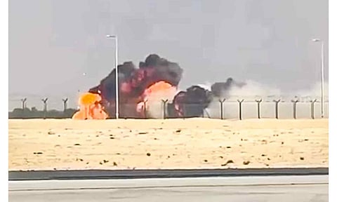 Smoke billows out after a fighter jet Tejas of the Indian Air Force crashed during an aerial display at the Dubai Air Show. The pilot died in the accident, according to officials (PTI) 