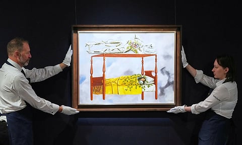 A painting by Frida Kahlo titled "El sueño (La cama)" or (The Dream (The Bed), is displayed at Sotheby's auction rooms in London, Sept. 19, 2025. The painting, estimated at 40-60 million US dollars, is part of a collection of surrealist masterpieces unveiled ahead of its upcoming sale in New York (AP)