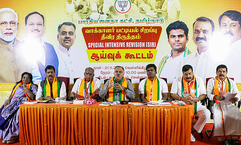 BJP national general secretary Tarun Chugh addressing media on the sidelines of the party’s SIR review meeting at Kamalalayam