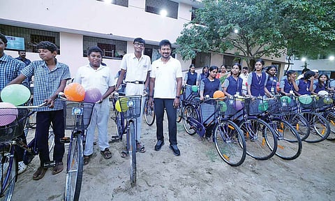 Deputy Chief Minister Udhayanidhi Stalin with students in Chepauk–Triplicane Assembly constituency on Friday