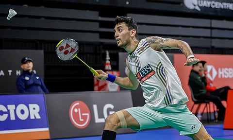 Lakshya Sen aims a return of the cork during the match 