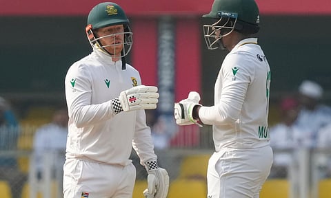 South Africa's Senuran Muthusamy and Kyle Verreynne during the day two of the second Test cricket match of a series between India and South Africa, at ACA Stadium in Guwahati (PTI)