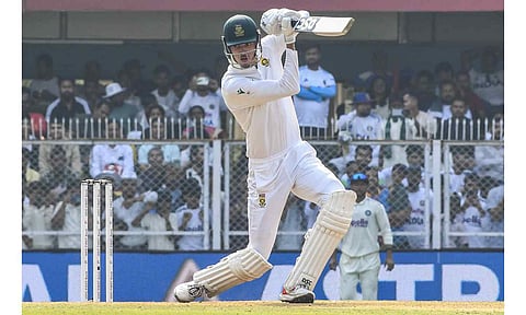 South Africa's Marco Jansen plays a shot during the day two of the second Test cricket match of a series between India and South Africa, at ACA Stadium in Guwahati, Sunday, Nov. 23, 2025 (PTI) 