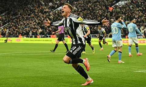 Harvey Barnes celebrates after scoring his second of the night 