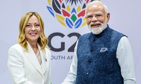 Prime Minister Narendra Modi during a bilateral meeting with his Italian counterpart Giorgia Meloni, on the sidelines of the G20 Leaders' Summit, in Johannesburg, South Africa (PTI)