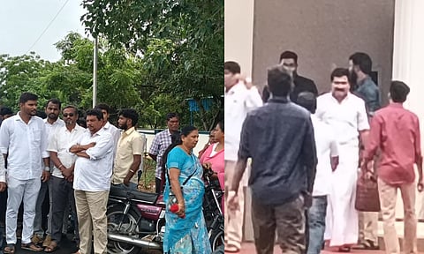 TVK cadre waiting outside the PWD Guest House, where CBI held inquiries on the party's top leaders (inset) in Karur on Monday