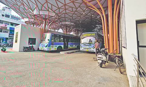 Two-wheelers parked along the bus bay at the newly opened Thiru Vi Ka Nagar terminus on Tuesday
