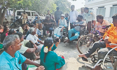 Around 150 disabled folks protesting at the TN Commissionerate for the Welfare of the Differently-Abled on Tuesday