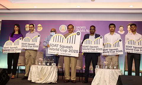 Cyrus Poncha, Secy Gen, N Ramachandran, Joshna Chinappa, Abhay Singh, Velavan Senthilkumar, Atulya Misra, ACS, Youth Welfare and Sports Development, J Meghanatha Reddy, MS, SDAT, unveil the logo of the tournament (Photo/Hemanathan)