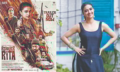 (L-R) Revolver Rita poster, Keerthy Suresh (Photo/Manivasagan N)