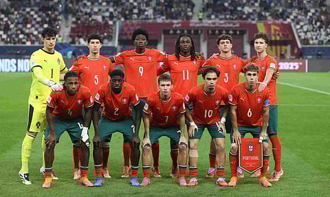 Portugal's players pose before the FIFA U17 World Cup final soccer match between Portugal and Austria in Doha, Qatar, on Thursday, Nov. 27, 2025 (AP) 