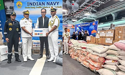 In this image posted on Nov. 28, 2025, Indian Navy officers during handing over of a consignment of Indian humanitarian aid to cyclone-hit Sri Lanka as part of 'Operation Sagar Bandhu', in Colombo. (PTI) 