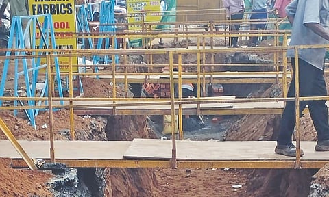 Digging of deep trench to lay pipeline all along MC Road in Old Washermanpet seems to be a never-ending job