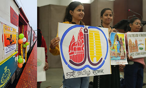 Volunteers highlight this year's Sangamam theme at Varanasi as the first batch leaves from a special train in Kanniyakumari on Saturday