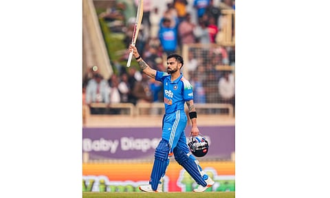 India's Virat Kohli celebrates his century during the first ODI cricket match of a series between India and South Africa, at JSCA International Stadium Complex, in Ranchi, Jharkhand, Sunday, Nov. 30, 2025. (PTI) 
