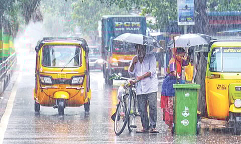 A cleanliness worker continuing her job amid heavy rain in Egmore, (Justin George) 