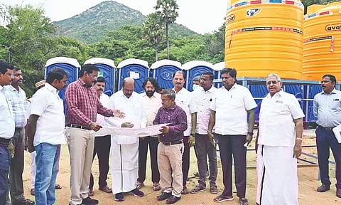 Minister for Public Works, Highways, and Minor Ports EV Velu inspecting the preparations for Tiruvannamalai Deepam festival