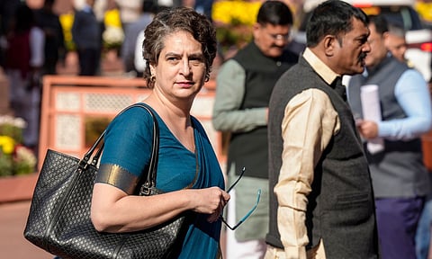 Congress General Secretary Priyanka Gandhi Vadra arrives on the first day of the Winter Session of Parliament in New Delhi on Monday, Dec. 1, 2025. (PTI) 
