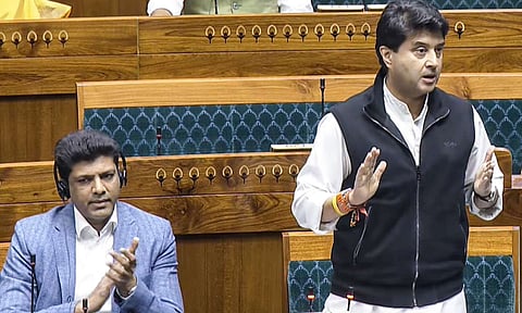 Union Minister Jyotiraditya Scindia speaks during the Winter Session of Parliament, in New Delhi, Wednesday, Dec. 3, 2025 (PTI) 