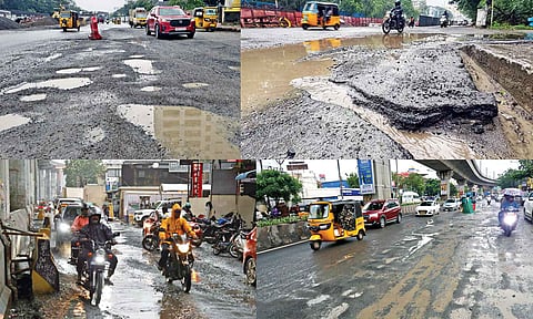 Craters and potholes replace arterial roads of Anna Salai in Nandanam, Arcot Road, Jawaharlal Nehru Salai and Sardar Patel Road near Madhya Kailash in Adyar, after the heavy rains of the past three days caused by the weakened system of Cyclone Ditwah (Photo: Justin George) 