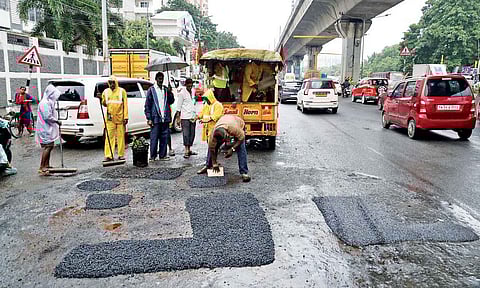 Patch work under way on Jawaharlal Nehru Road (Photo: Manivasagan N) 