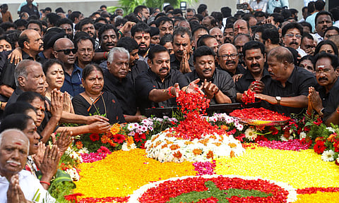 AIADMK general secretary Edappadi K. Palaniswami, along with party members, paid floral tributes to former Chief Minister Jayalalithaa at her memorial on her ninth death anniversary. (Hemanathan M) 