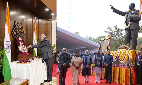 In this image released on Dec. 6, 2025, Vice President CP Radhakrishnan pays tribute to Babasaheb Ambedkar, the architect of India's Constitution, on his 69th death anniversary, also called Mahaparinirvan Diwas, at the Parliament House complex in New Delhi. (PTI)