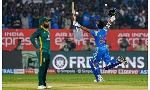 India's Yashasvi Jaiswal celebrates his century during the third ODI cricket match of a series between India and South Africa, at ACA-VDCA Cricket Stadium, in Visakhapatnam, Andhra Pradesh, Saturday, Dec. 6, 2025 (PTI) 