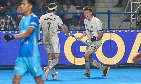 Ben Hasbach celebrates with Justus Warweg after scoring the fifth goal for Germany (Photo: Manvasagan N) 