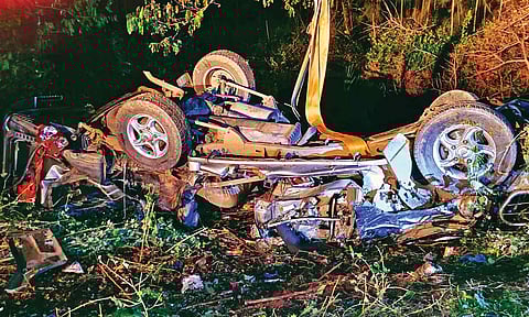 Mangled remains of SUV involved in the mishap on Sunday 