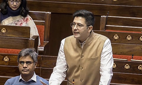 AAP MP Raghav Chadha during the Winter session of Parliament, in New Delhi, Monday, Dec. 8, 2025. (PTI) 