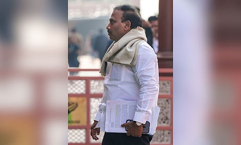 DMK MP A Raja during the Winter session of Parliament, in New Delhi, Monday, Dec. 8, 2025. (PTI) 
