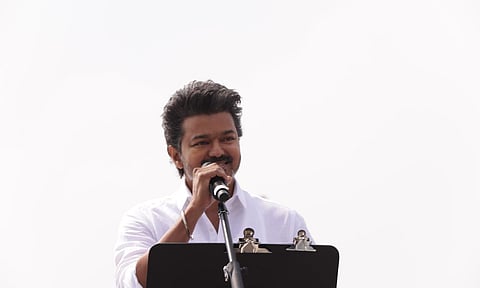 TVK Chief Vijay addressing the crowd at Puducherry on Tuesday 