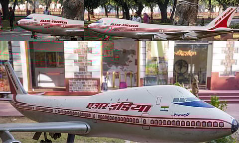 An old model of Air India plane on display in front of a British-era barrack housing, a new gallery put up by the Ministry of Culture, at Red Fort in New Delhi, Monday, Dec. 8, 2025. (PTI)