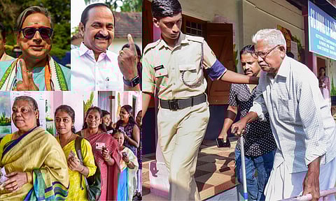 Congress MP Shashi Tharoor shows his finger marked with indelible ink after casting his vote at a polling booth during the first phase of the Kerala local body elections in Thiruvananthapuram on Tuesday, Dec. 9, 2025. (PTI) 