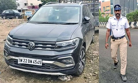 The car driven by Sairam of Madipakkam that was involved in the accident that killed traffic constable Meganathan (R)