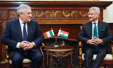 External Affairs Minister S. Jaishankar meets Italy's Deputy Prime Minister and Foreign Minister Antonio Tajani to review progress under the political, defence, tech and innovation, maritime, mobility, space, trade and investment pillars of the Joint Strategic Action Plan 2025-29, in New Delhi. (PTI) 