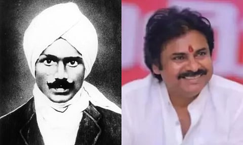 Tamil poet Subramania Bharathiyar (Photo: X/@VPIndia) and AP Deputy CM Pawan Kalyan