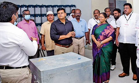 DEO and Coporation Commissioner Kumaragurubaran during the preliminary verification of EVMs at Chintadripet on Thursday 