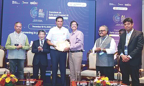 IIT-M director V Kamakoti felicitating Industries Minister TRB Rajaa at the Artificial Intelligence conclave