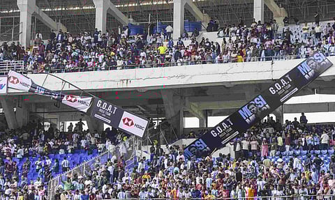 Fans of Argentine footballer Lionel Messi amid chaos during an event as part of his 'G.O.A.T. India Tour 2025', at Vivekananda Yuba Bharati Krirangan (VYBK), in Kolkata, Saturday, Dec. 13, 2025 (PTI) 