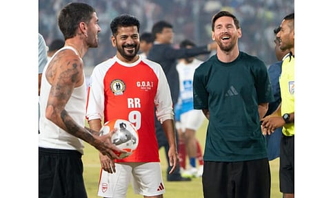 Telangana Chief Minister A Revanth Reddy with football great Lionel Messi (Photo: IANS)