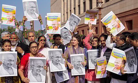 Congress MP Priyanka Gandhi Vadra and other opposition MPs participate in a protest march against the VB-G RAM G Bill, introduced by the union government to replace the Mahatma Gandhi National Rural Employment Guarantee Act (MGNREGA), 2005, during the Winter session of Parliament, in New Delhi (PTI)