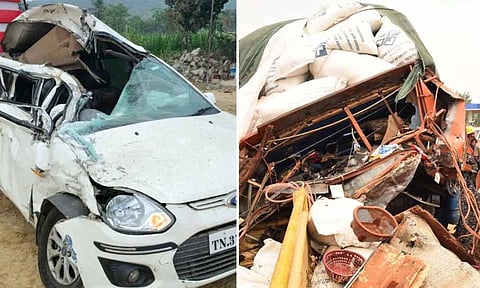 Mangled remains of vehicles involved in the multiple collisions