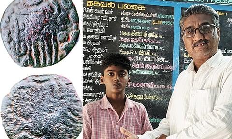 Headmaster Ahamed Faisal appreciates the student, who found the Eelam coin near Mudukulathur in Ramanathapuram district (R)