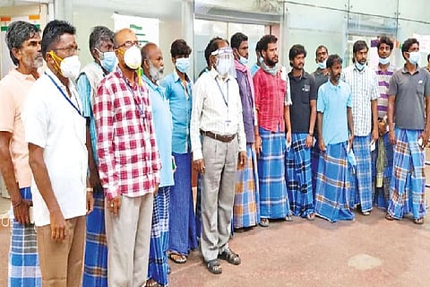 Fishermen at Chennai airport on Friday